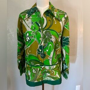 Vintage Psychedelic Mod Ellaree Green Swirl Button-Up Shirt Blouse  S
